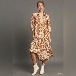 Umgee Full Size Floral Tiered Midi Shirt Dress Plus Size